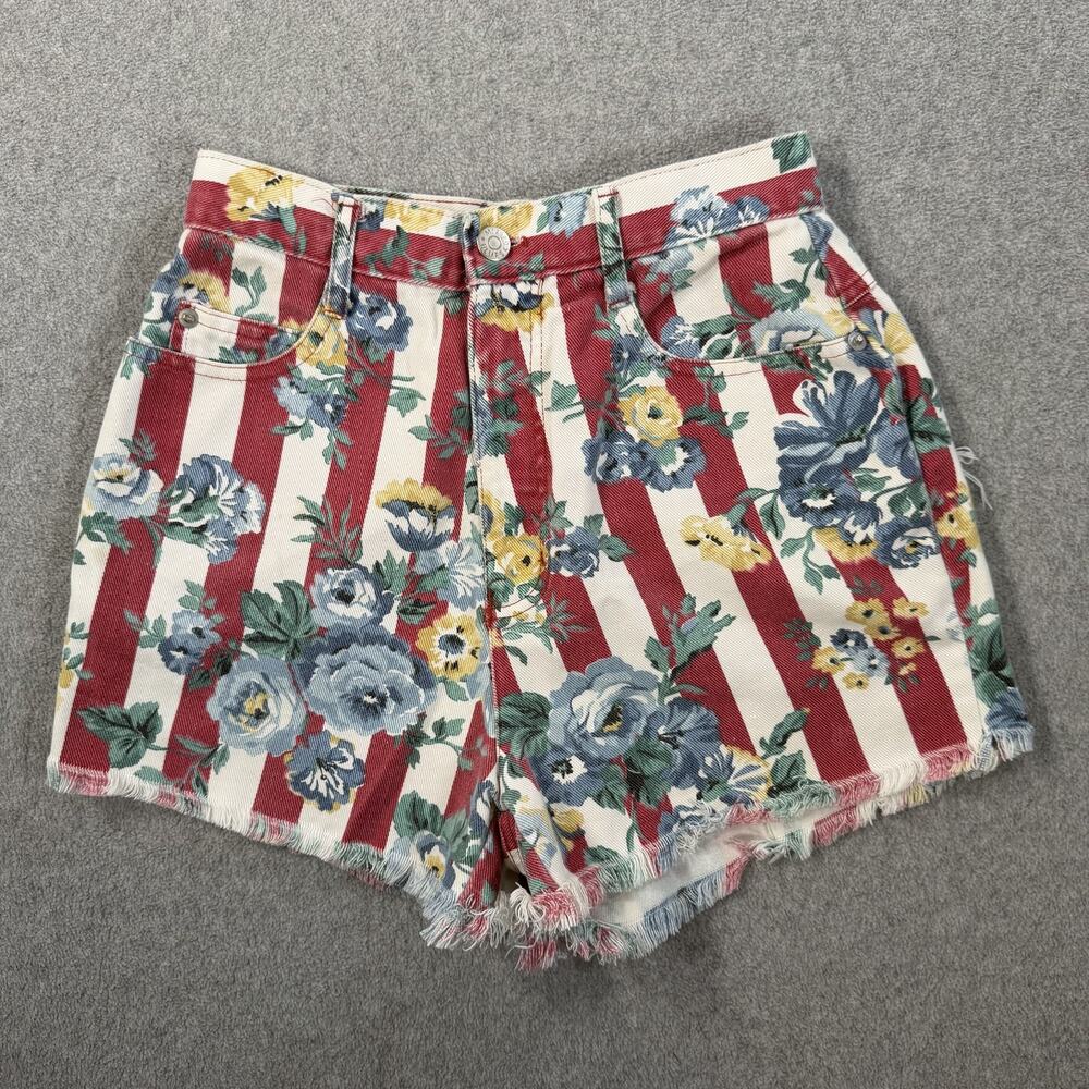 Mixed Blues Vintage 90s Women's Size 5 Floral Stripe High Rise Denim Shorts